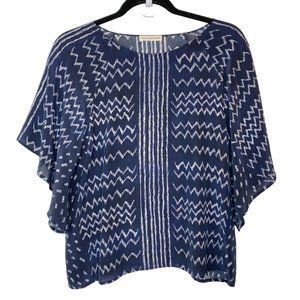 Ulla Johnson 100% Silk Blouse 8 Navy Blue Chevron Striped Print Flutter Sleeve